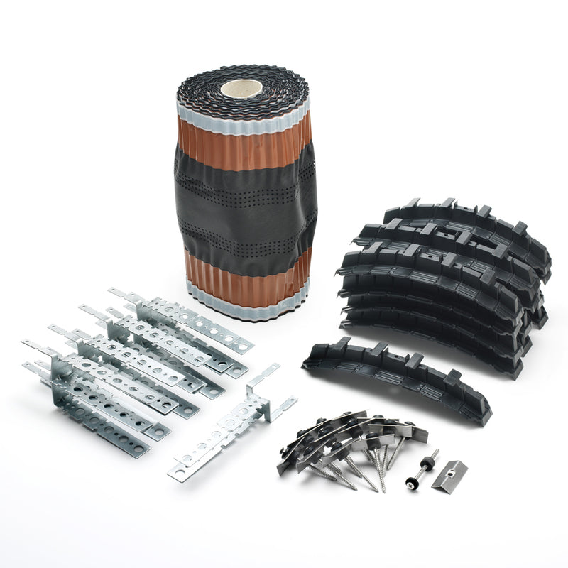 An image of a Roll Out Dry Ridge System Kit that includes the Manthorpe ridge roll, Batten brackets, ridge unions and fixing screws.