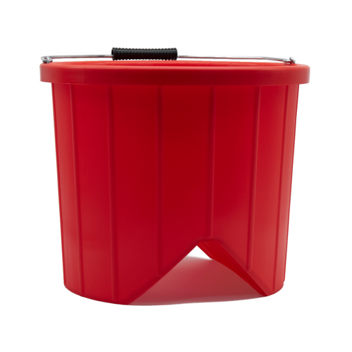 An image showing a roofers ridge bucket in Red with a black metal handle.