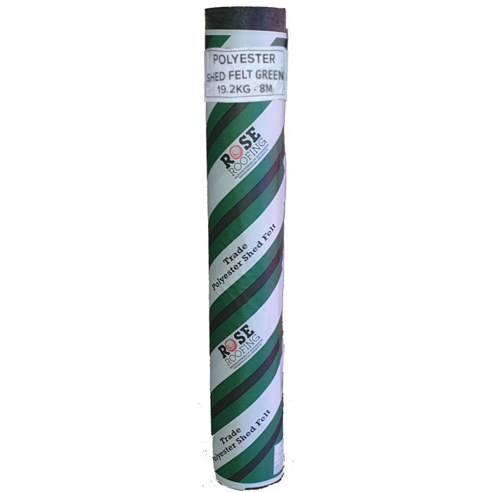 An image showing a Rose Roofing Heavy Duty Polyester Reinforced Shed Felt in Green and is 8m in length, 1 metre width.