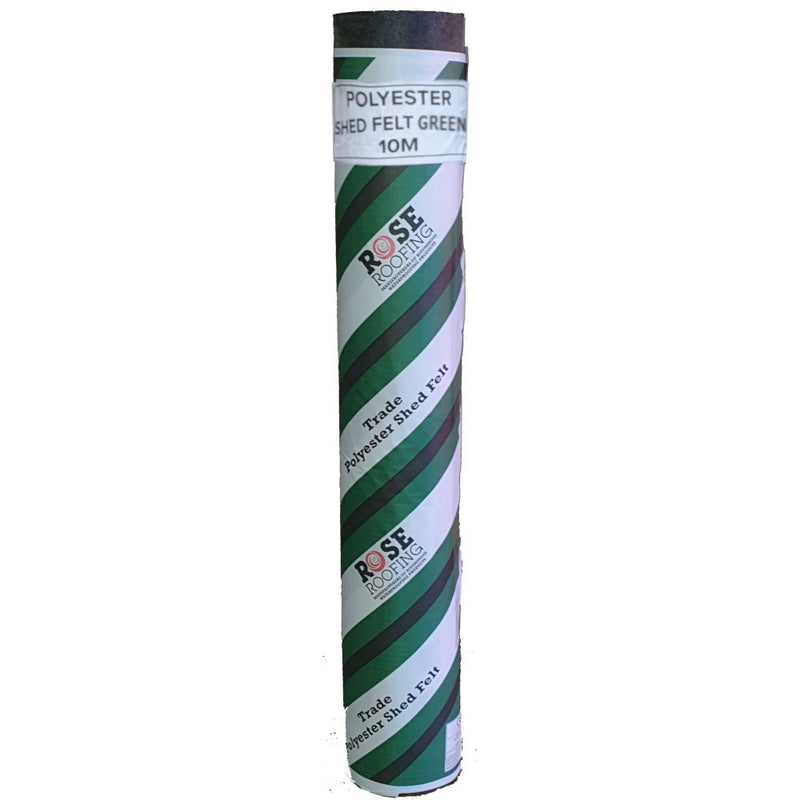 Roll of polyester shed felt green with Rose Roofing branding on a white background
