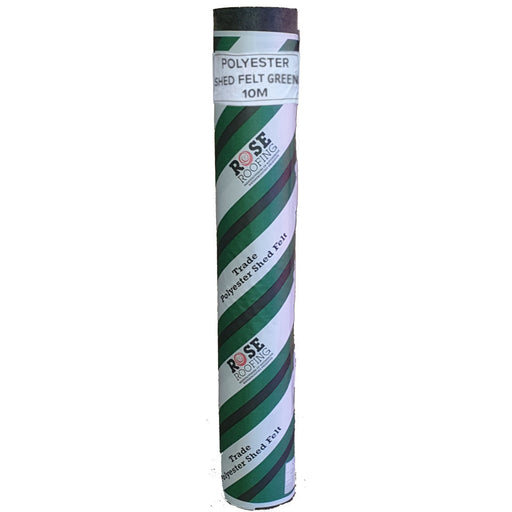Roll of polyester shed felt green with Rose Roofing branding on a white background