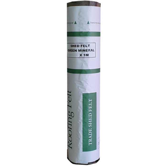 An image of a roll of Rose Roofing Standard Grade Shed Felt with a white and green wrapper