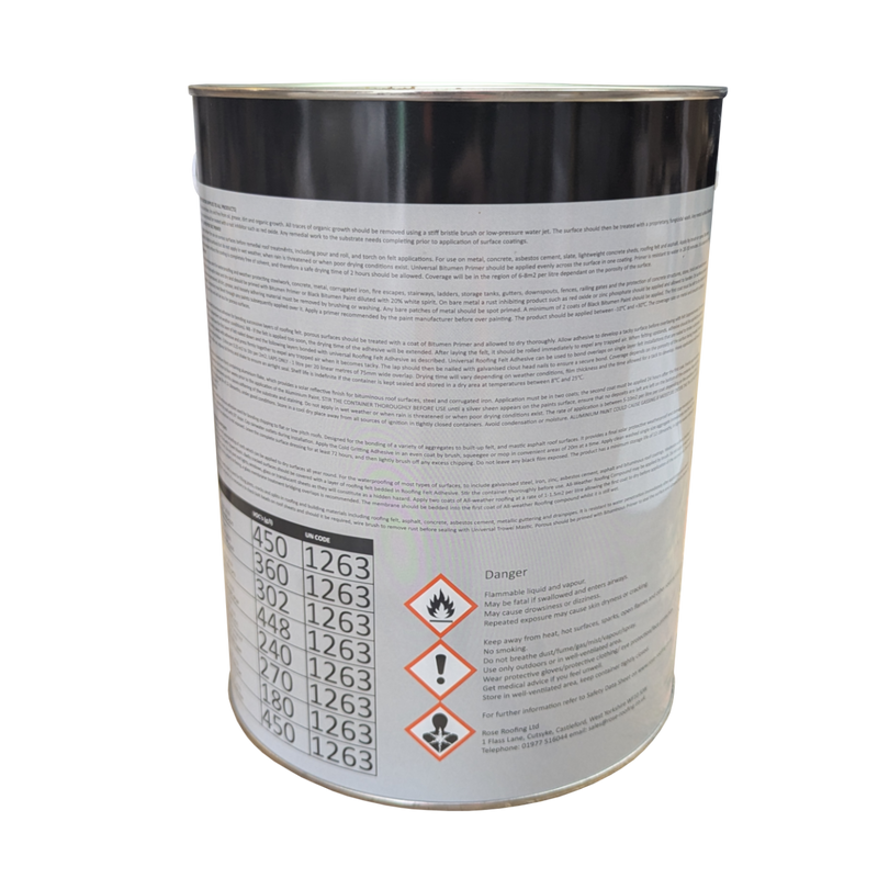 The back of a can of Rose Roofing Universal Waterproofing Roofing Felt Adhesive in a 5ltr tin.