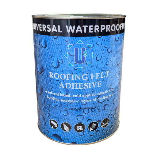 Can of Rose Roofing Universal Waterproofing Roofing Felt Adhesive in a 5ltr tin with blue label and white text.
