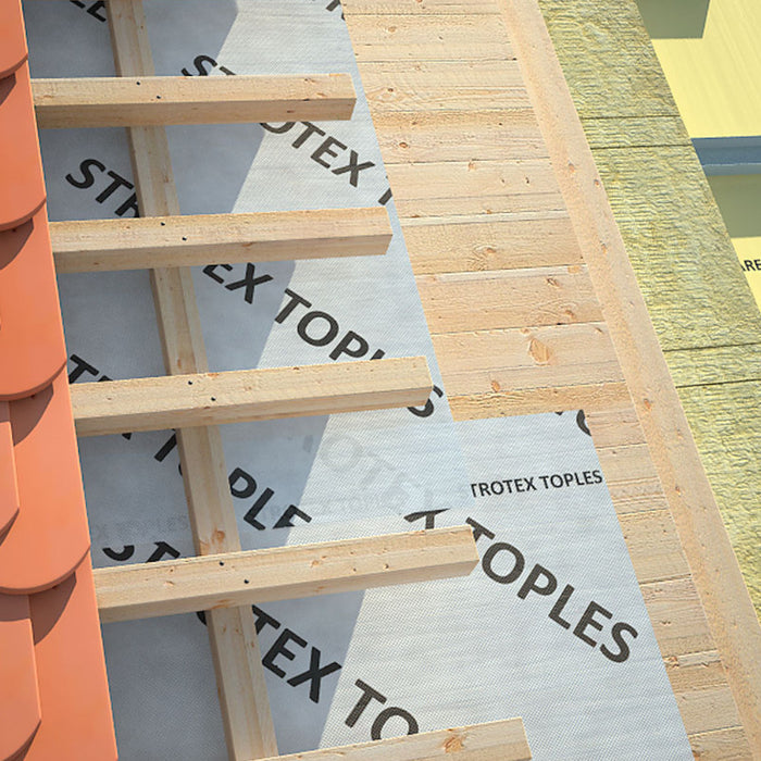 An image of Felt Products Strotex Toples 95g White being used as a breather membrane underlay on a pitched roof.