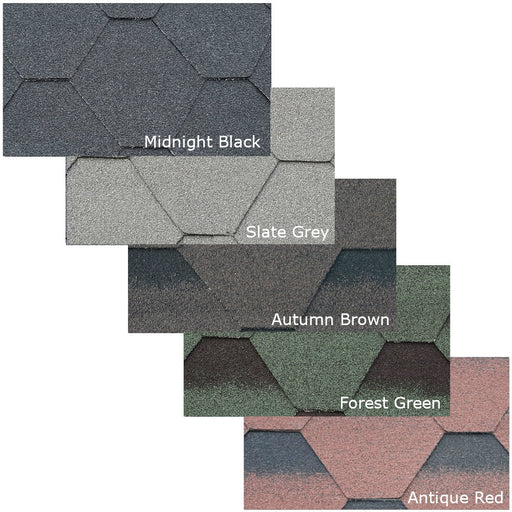 An image of the different colours that Hexagonal Felt shingles come in. Midnight Black, Slate Grey, Autumn Brown, Forest Green, Antique Red.