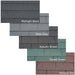 An image of the different colours that Square Felt shingles come in. Midnight Black, Slate Grey, Autumn Brown, Forest Green, Antique Red.