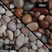 An image of a patio with Scottish Pebbles, 20-40mm-20kg. The image is diagonally cut to show what they look like when wet and dry.