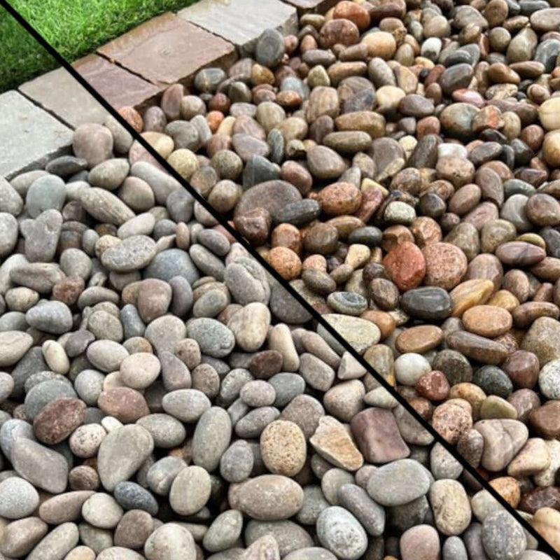 An image of a patio with Scottish Pebbles, 20-40mm-20kg. The image is diagonally cut to show what they look like when wet and dry.