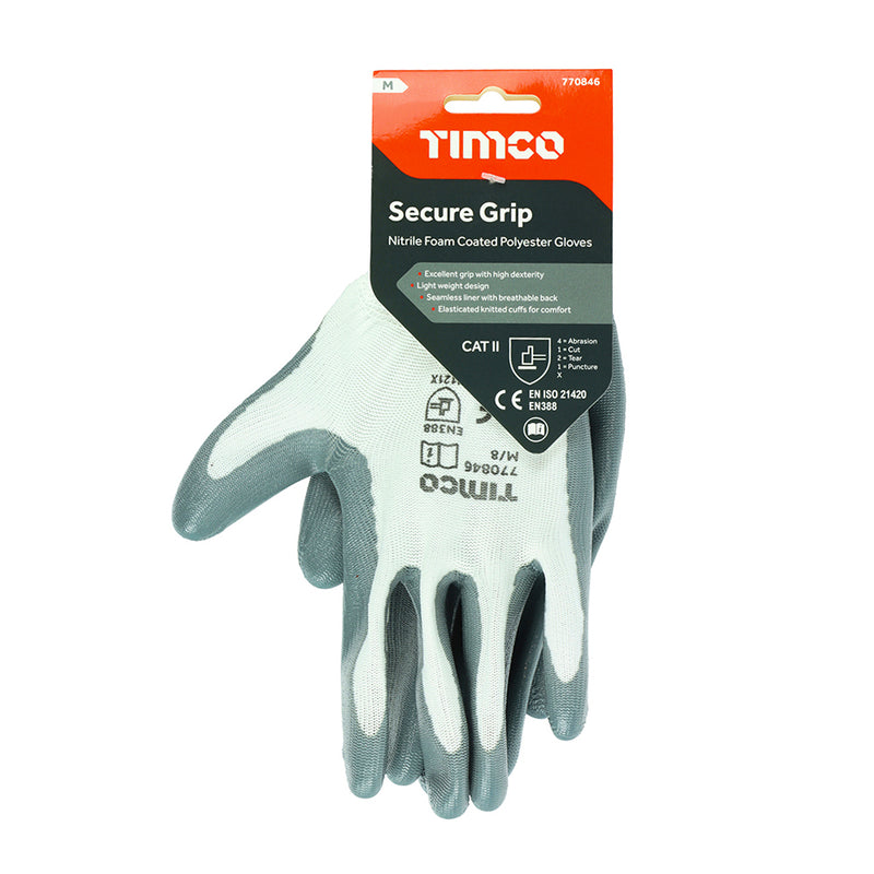An image of TIMCO Secure Grip Gloves Smooth made from Nitrile Foam and Coated Polyester in their retail packaging.