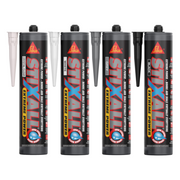 An image of four colours of Sika Stixall Extreme Power Adhesive Sealant. They are Clear, White, Grey and Black.