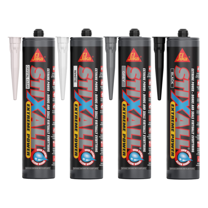 An image of four colours of Sika Stixall Extreme Power Adhesive Sealant. They are Clear, White, Grey and Black.