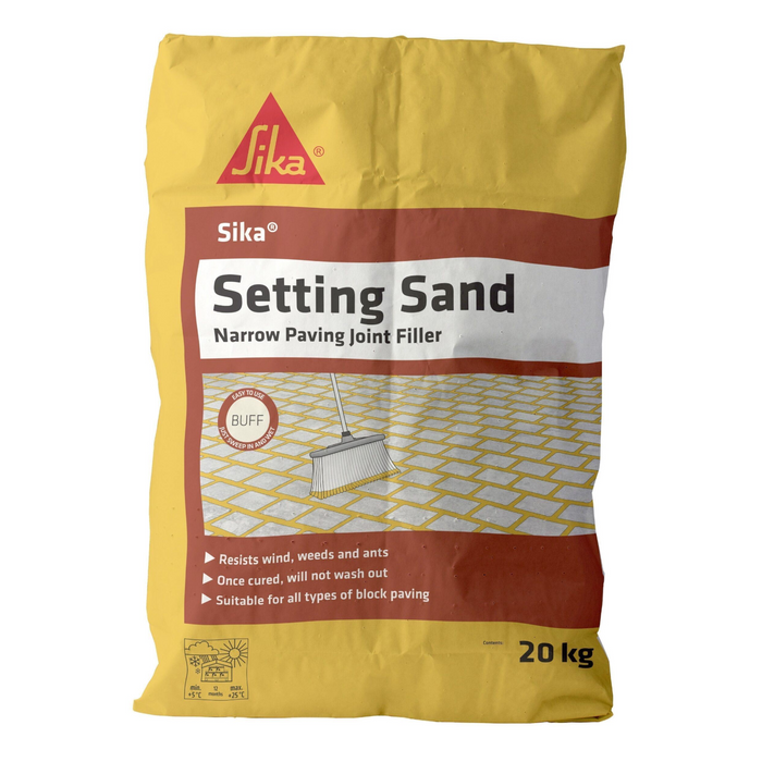 An image of a bag of Sika Setting Sand in the colour buff. It is in a yellow heavy duty paper bag and is 20kg