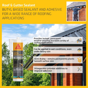 An image of Sika Sikaseal Roofline Protect and Repair Roof and Gutter Sealant and some of its features. 