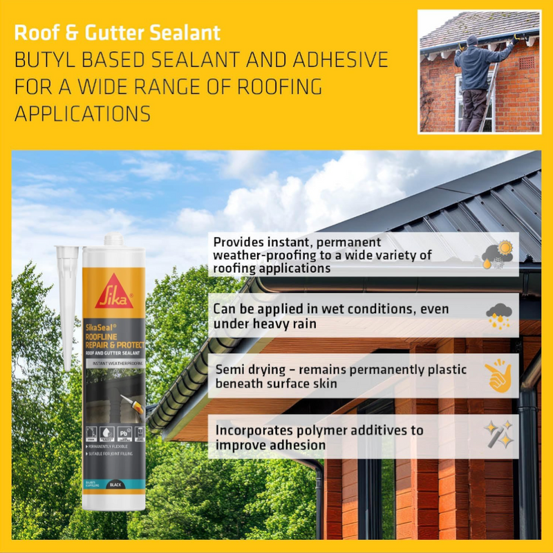 An image of Sika Sikaseal Roofline Protect and Repair Roof and Gutter Sealant and some of its features. 