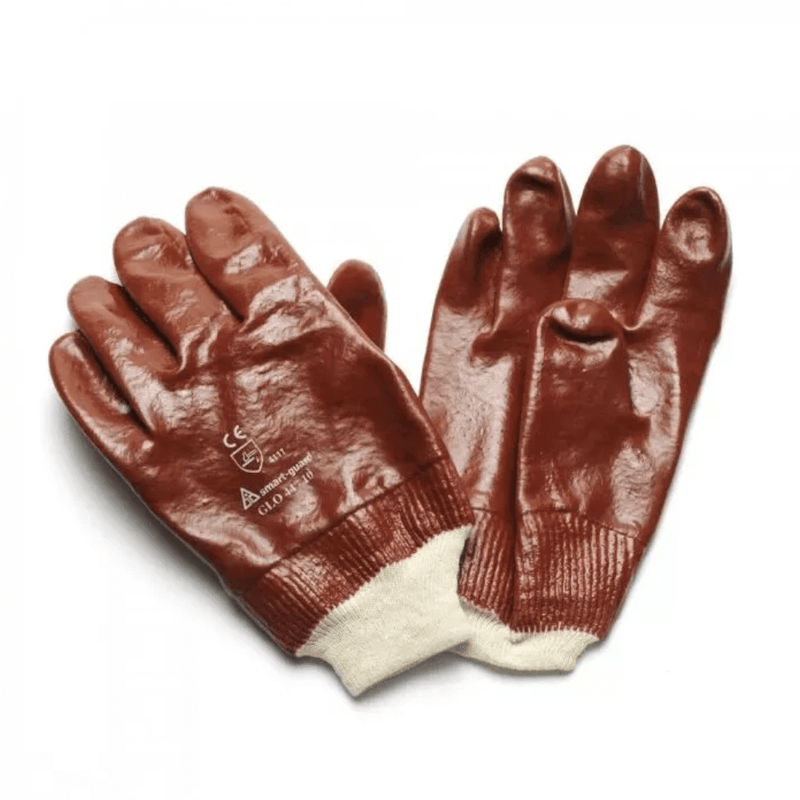 A pair of Red Smart Guard Fully Coated PVC Gloves with a Knit Wrist.