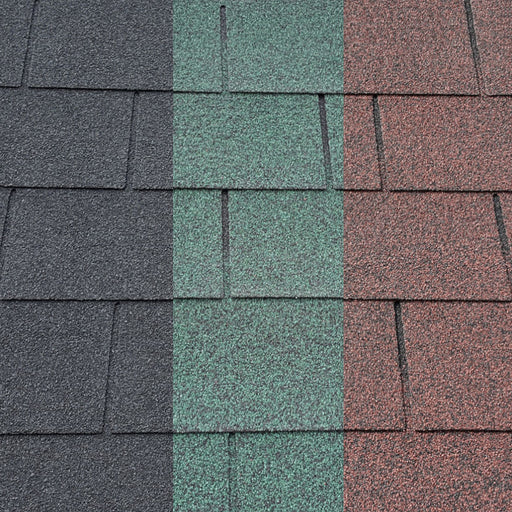 An image of the different colours that Square Felt shingles come in. Black, Green and Red.