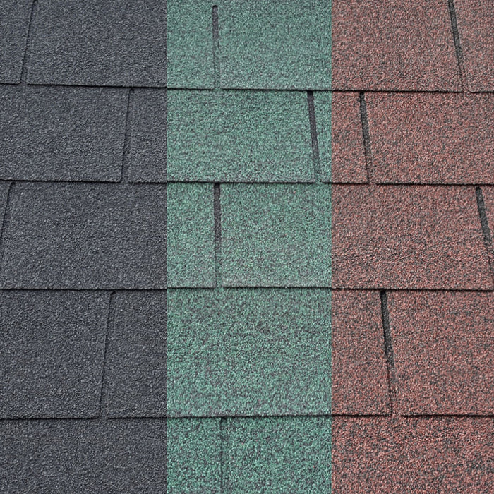 An image of the different colours that Square Felt shingles come in. Black, Green and Red.