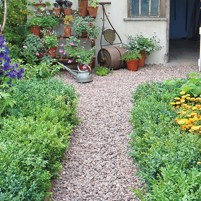 An image of Staffordshire Pink Gravel, 20mm and what it looks like when laid as a garden path.