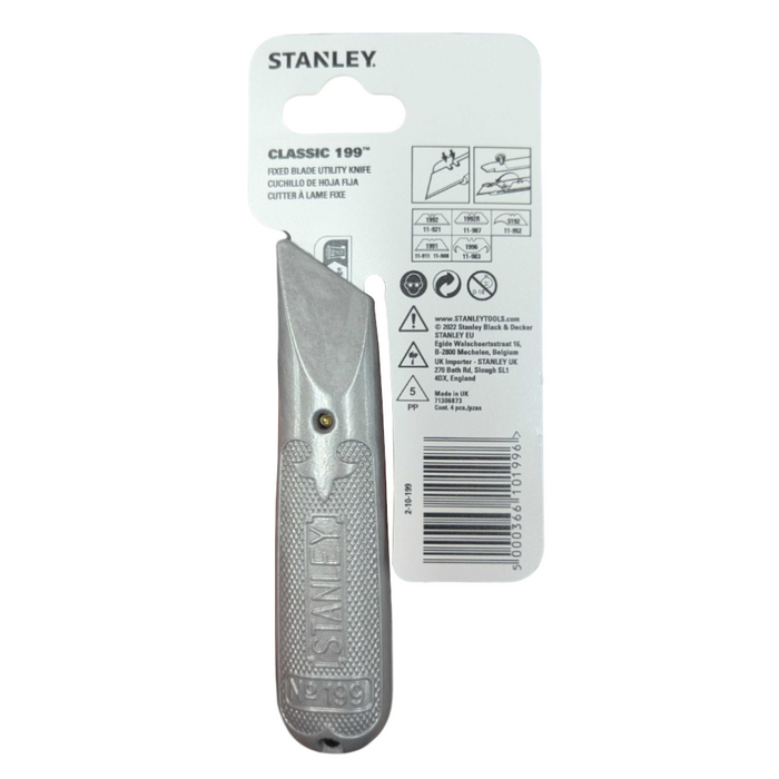 An image of a Silver Retractable Stanley Trimming Knife ad the back of its packaging.