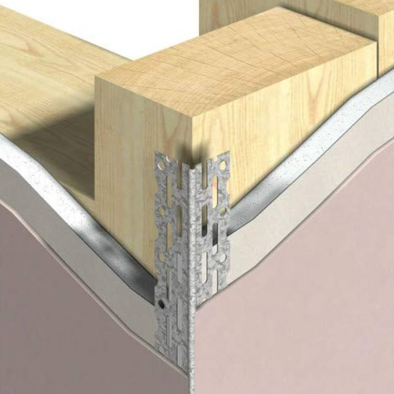 An image showing a close up of a Steel Thin Coat Angle Bead being used to join a corner on plasterboards/drywall. 