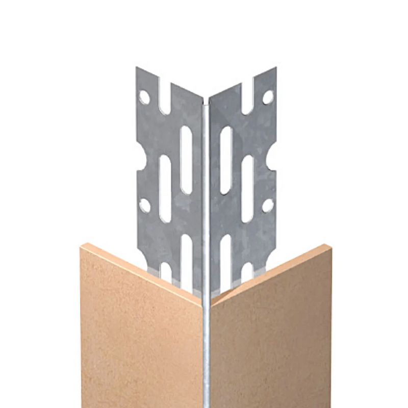 An image showing a close up of a Steel Thin Coat Angle Bead being used to join a corner. 