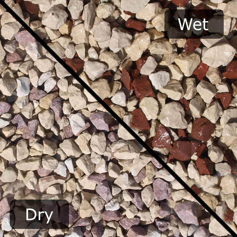 An image of aggregates in the colour Strawberries and Cream in 20mm. They are in whites, Buffs and red granite and shows what they are like when wet and dry