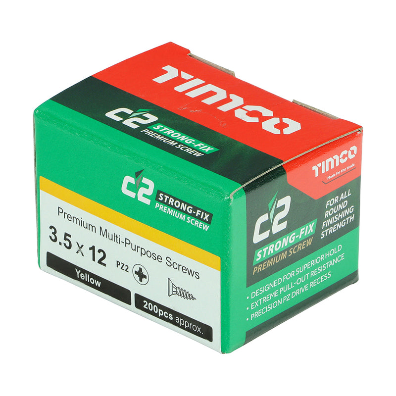 An image showing a box of TIMCO C2 Strong Fix PZ2 Multi Purpose Screws in the size 3.5 x 12
