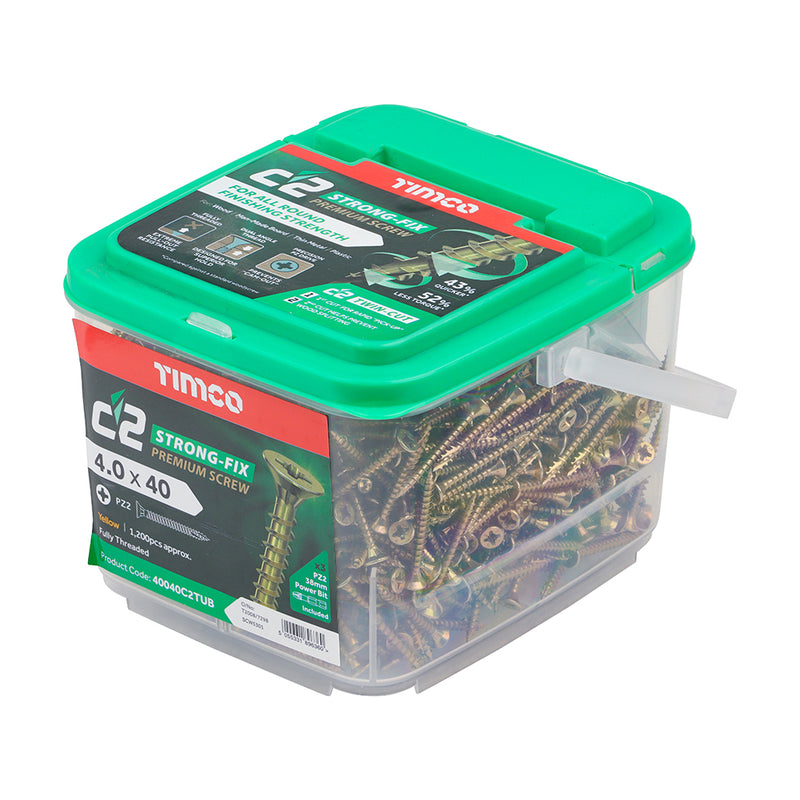 An image showing a tub of TIMCO C2 Strong Fix PZ2 Multi Purpose Screws in the size 4.0 x 40
