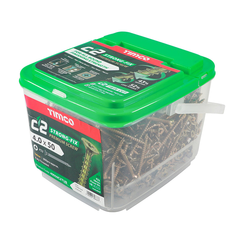An image showing a tub of TIMCO C2 Strong Fix PZ2 Multi Purpose Screws in the size 4.0 x 50