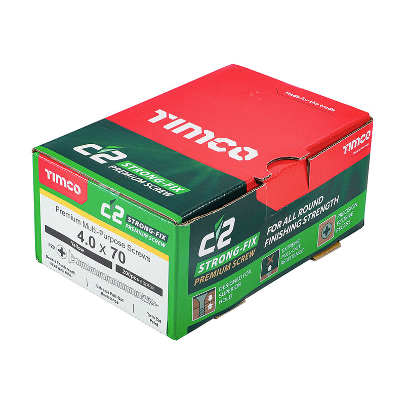 An image showing a box of TIMCO C2 Strong Fix PZ2 Multi Purpose Screws in the size 4.0 x 70