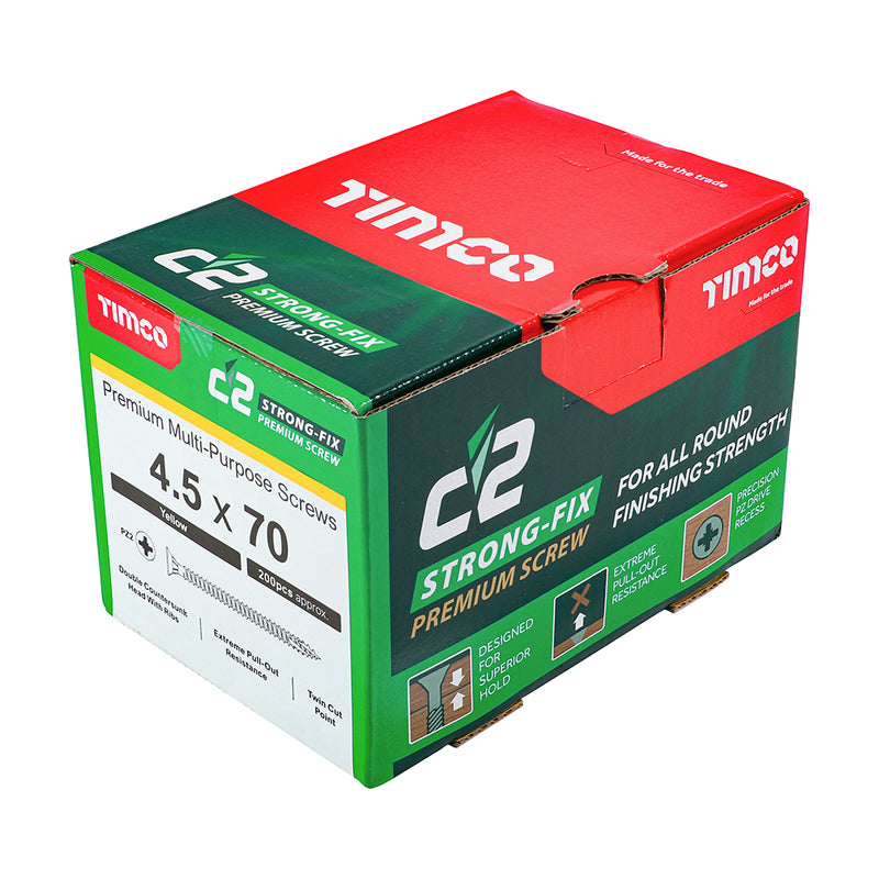 An image showing a box of TIMCO C2 Strong Fix PZ2 Multi Purpose Screws in the size 4.5 x 70