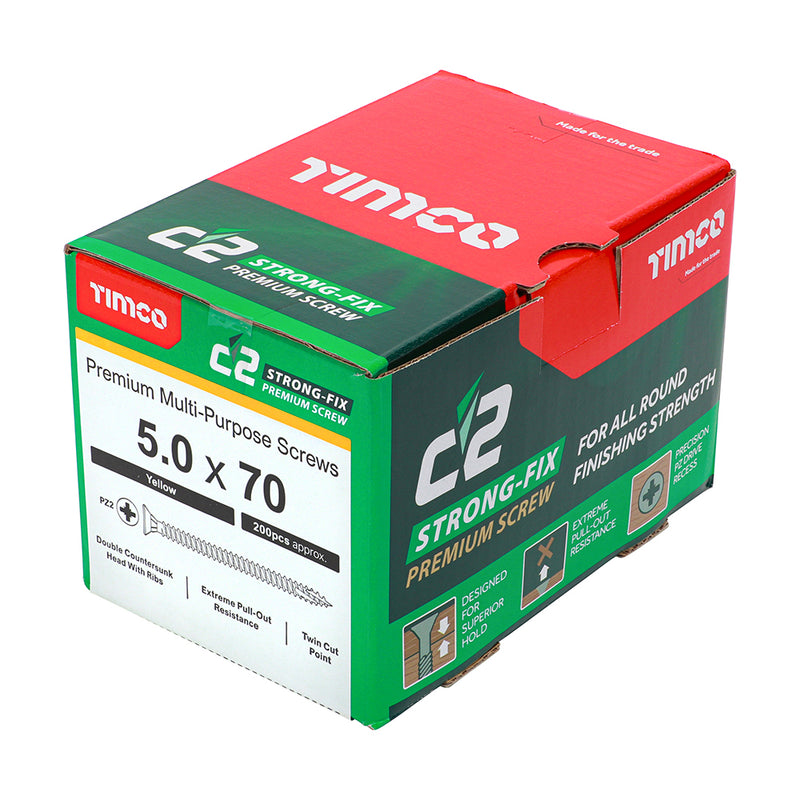 An image showing a box of TIMCO C2 Strong Fix PZ2 Multi Purpose Screws in the size 50 x 70