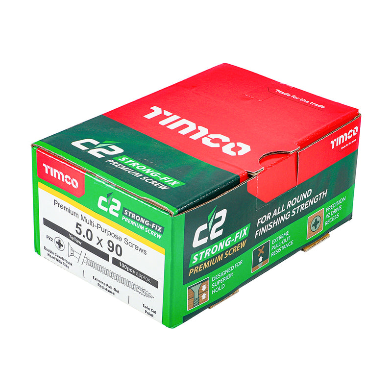 An image showing a box of TIMCO C2 Strong Fix PZ2 Multi Purpose Screws in the size 50 x 90