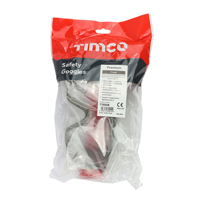 An image of TIMCO Premium Safety Goggles that come in One Size. They are in its retail packaging.