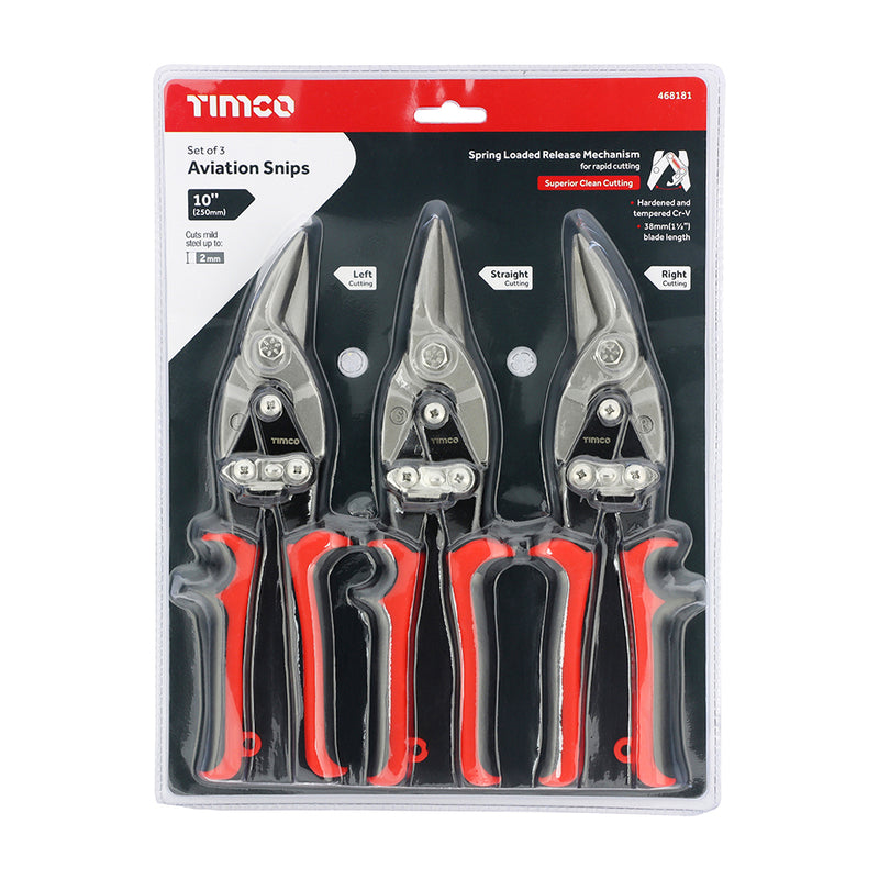 An image of 3x TIMCO aviation snipping snips in a set. The set consists of 1 x Left cutting, 1 x right cutting and 1 x straight cutting snips.