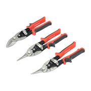 An image of 3x TIMCO aviation snipping snips in a set. The set consists of 1 x Left cutting, 1 x right cutting and 1 x straight cutting snips.