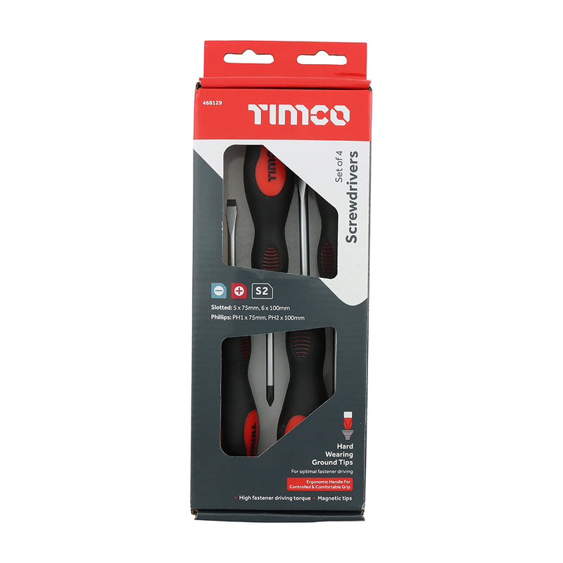 An image showing a TIMCO screwdriver set with 4 pieces including Philips and Slotted / Flat head drivers.