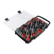 An image showing a TIMCO screwdriver set in a hard plastic case with 9 pieces including Philips and Slotted / Flat head drivers.