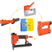 An image showing a box of Tacwise Staples. Around it are tools that they can be used with including a manual staple gun, hammer tackers, gas powered staple guns and a manual stapler.