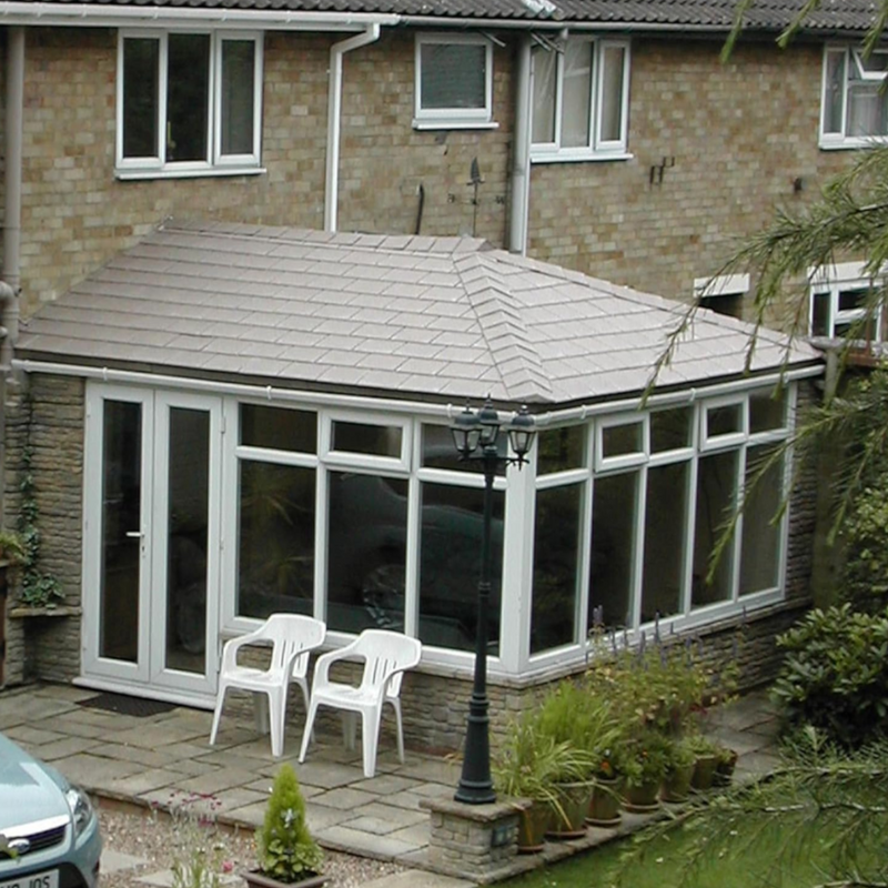 A conservatory roof with Tapco Classic Synthetic Roof Slate in Pewter Grey fitted to show what they look like