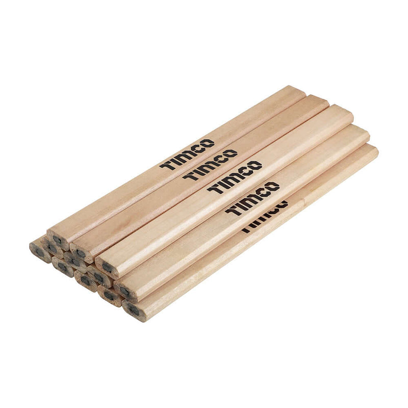An image showing Timco Carpenters Pencils out of the pack. Robust enough for marking on rough services and made into an oval so they wont roll away.