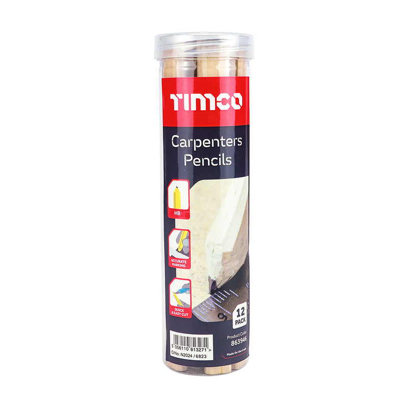 An image showing Timco Carpenters Pencils in their retail tube packaging. Robust enough for marking on rough services and made into an oval so they wont roll away.