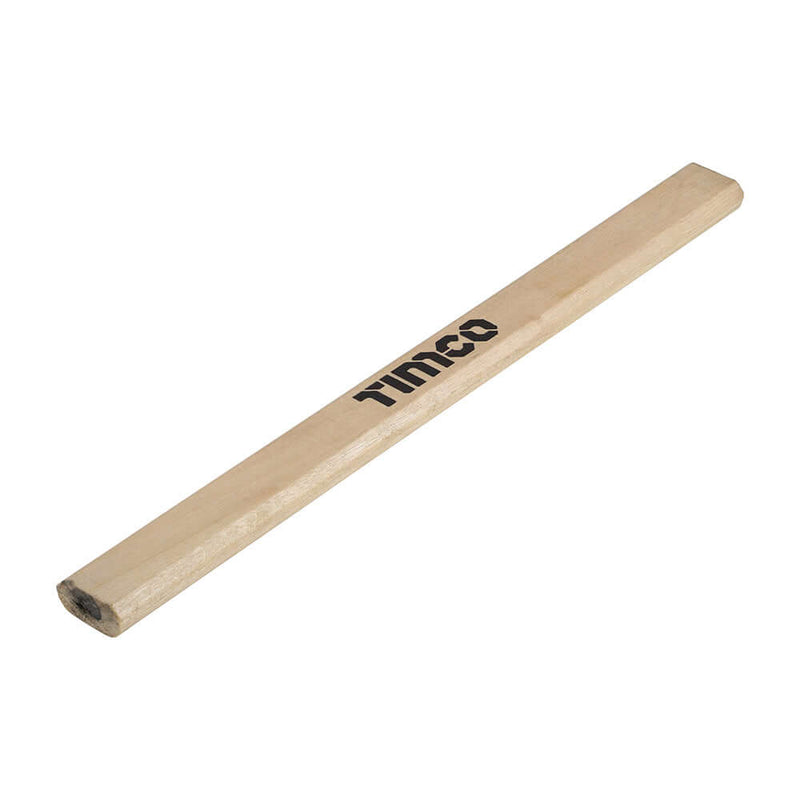 An image showing a Timco Carpenters Pencil out of the pack. Robust enough for marking on rough services and made into an oval so it wont roll away.