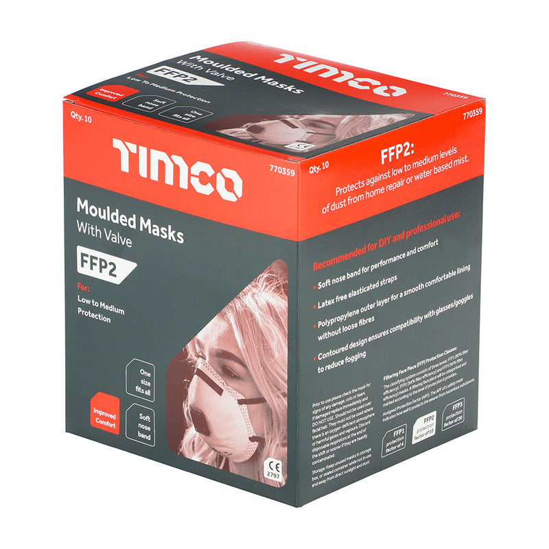 An image of Timco FFP2 Moulded Mask with Valve in its retail package of a pack of 10 in a box.