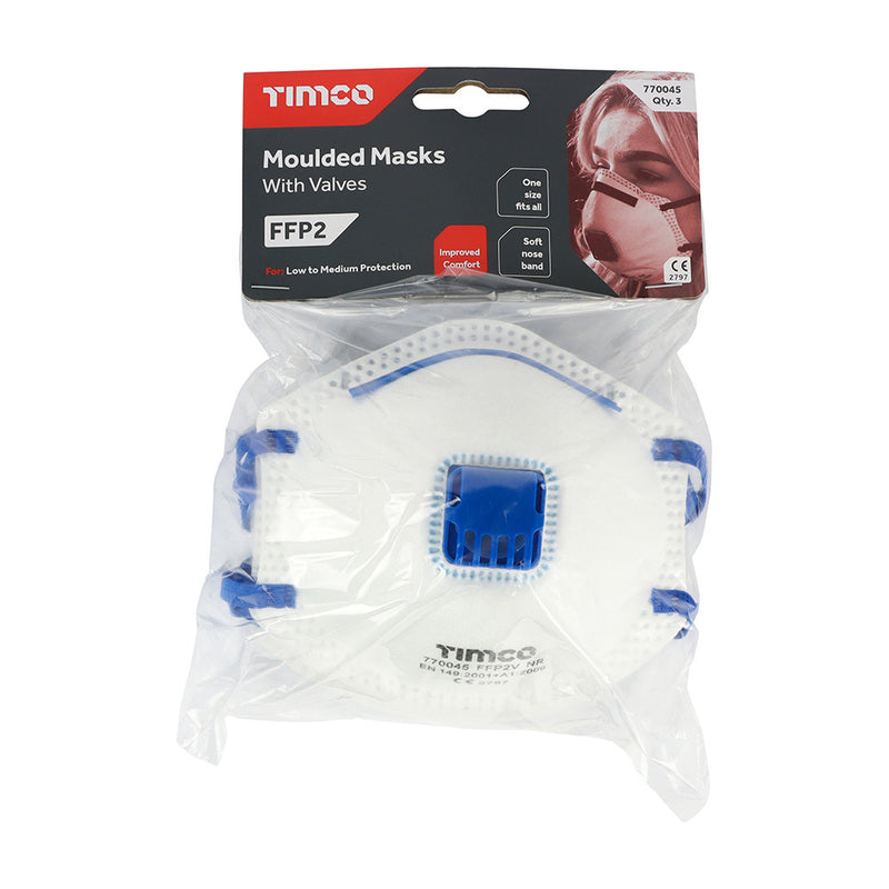 An image of Timco FFP2 Moulded Mask with Valve in its retail package of a pack of 3 in a bag.