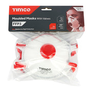 An image of Timco FFP3 Moulded Mask with Valve in its retail package of a pack of 3 in a bag.