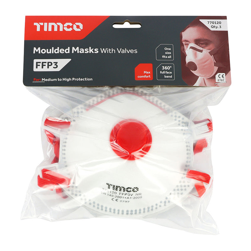 An image of Timco FFP3 Moulded Mask with Valve in its retail package of a pack of 3 in a bag.