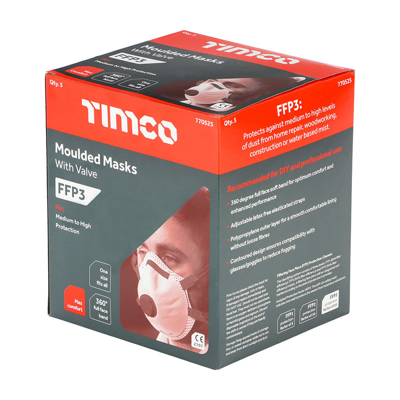 An image of Timco FFP3 Moulded Mask with Valve in its retail package of a pack of 5 in a box.