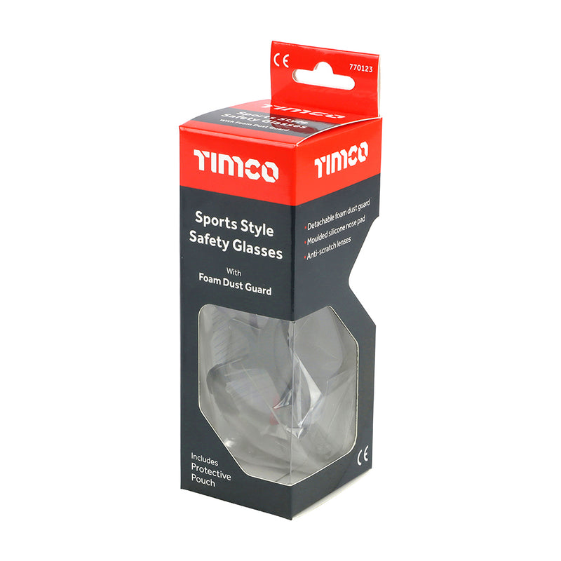 An image of a pair of Timco FoamGuard Sport Safety Glasses in a box